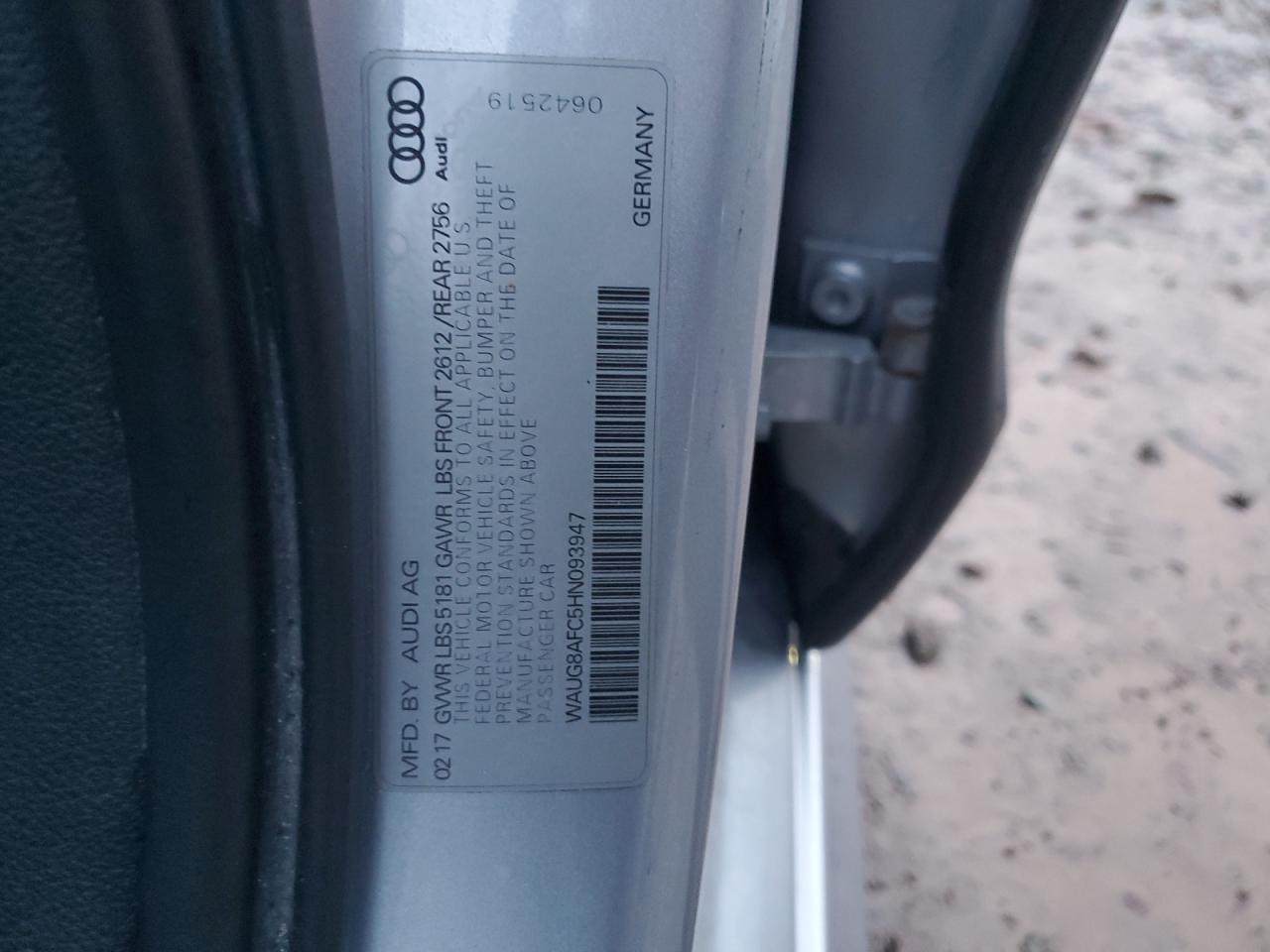 2017 Audi A6 Premium Plus VIN: WAUG8AFC5HN093947 Lot: 92832015