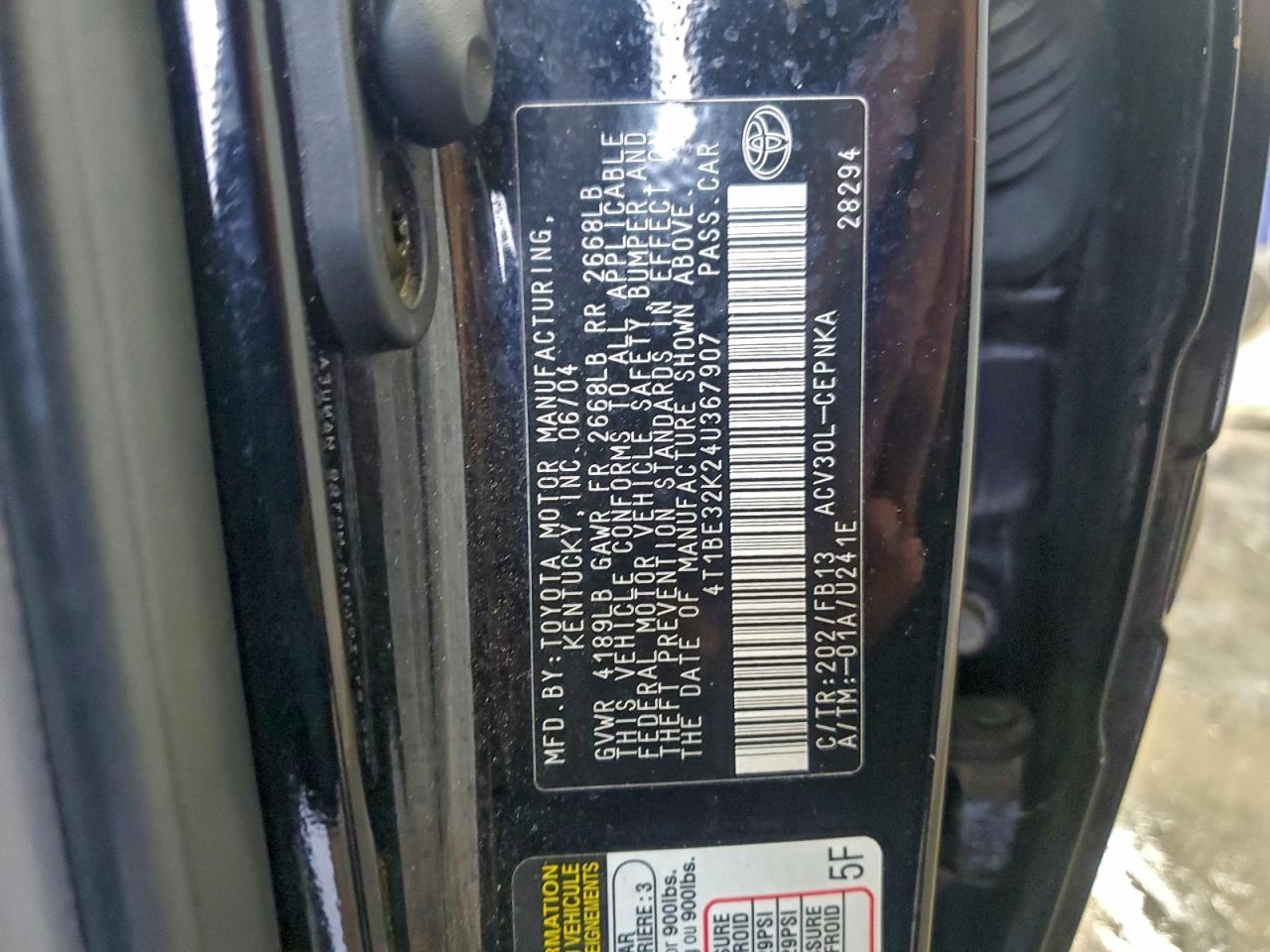 2004 Toyota Camry Le VIN: 4T1BE32K24U367907 Lot: 94315425