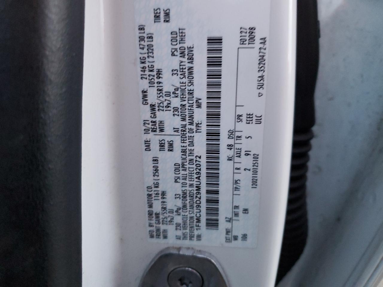 2021 Ford Escape Titanium VIN: 1FMCU9DZ9MUA92072 Lot: 92461245