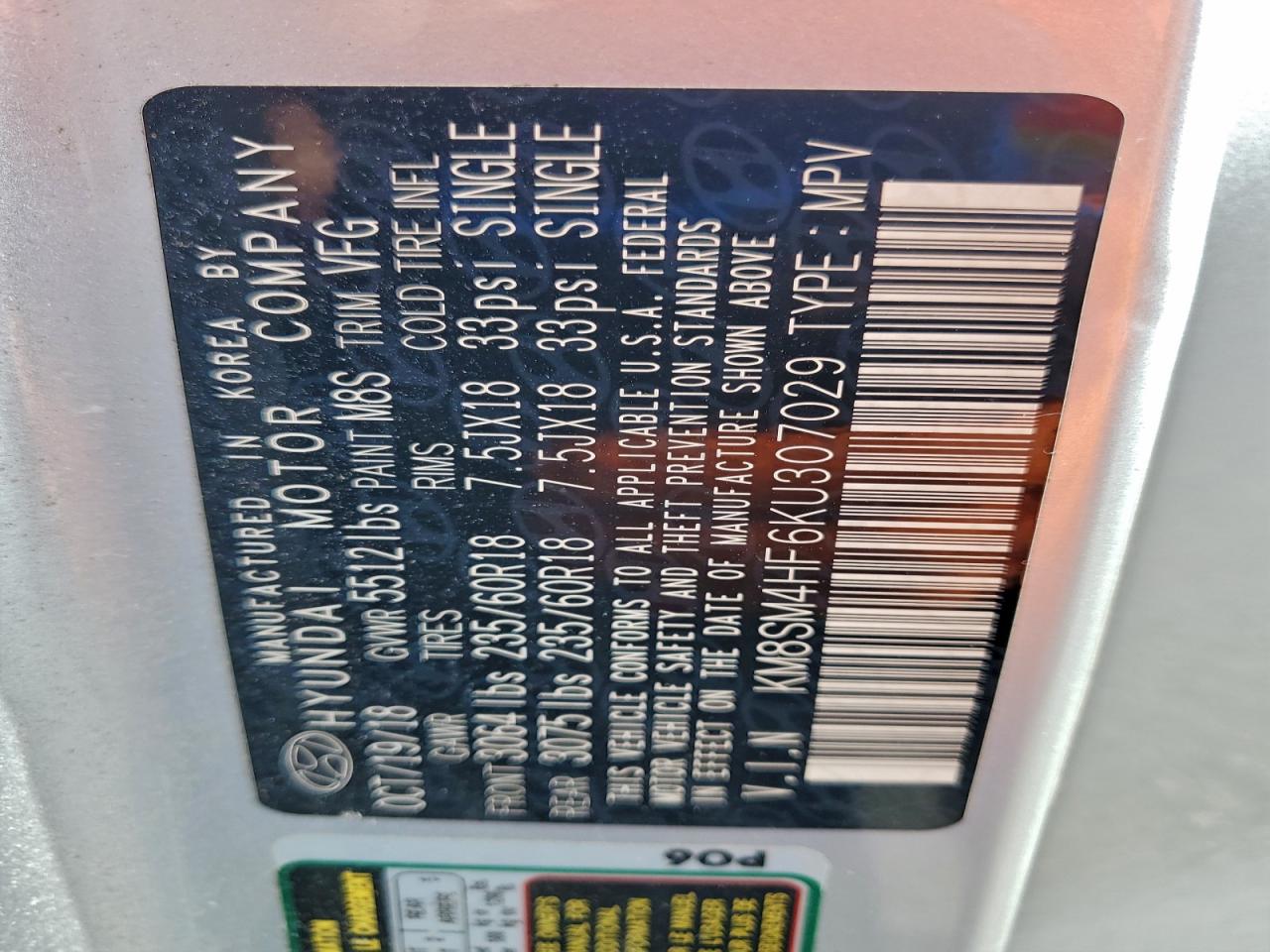 2019 Hyundai Santa Fe Xl Se VIN: KM8SM4HF6KU307029 Lot: 94071355