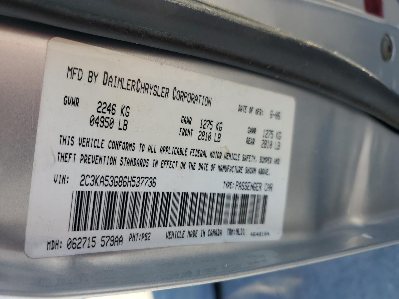 2006 Chrysler 300 Touring VIN: 2C3KA53G86H537736 Lot: 92392355