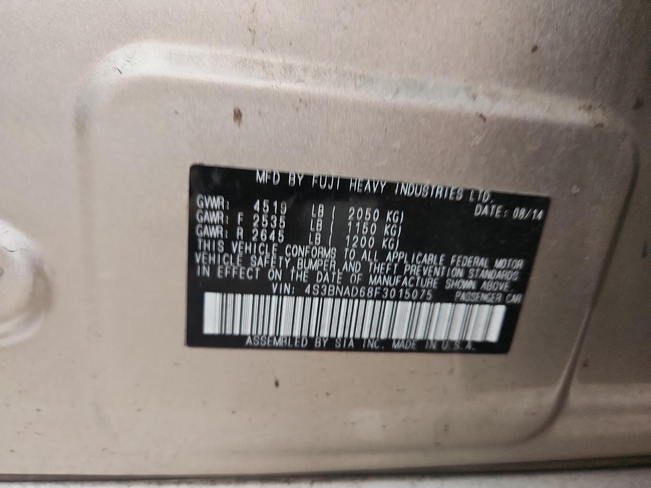 2015 Subaru Legacy 2.5I Premium VIN: 4S3BNAD68F3015075 Lot: 92127175