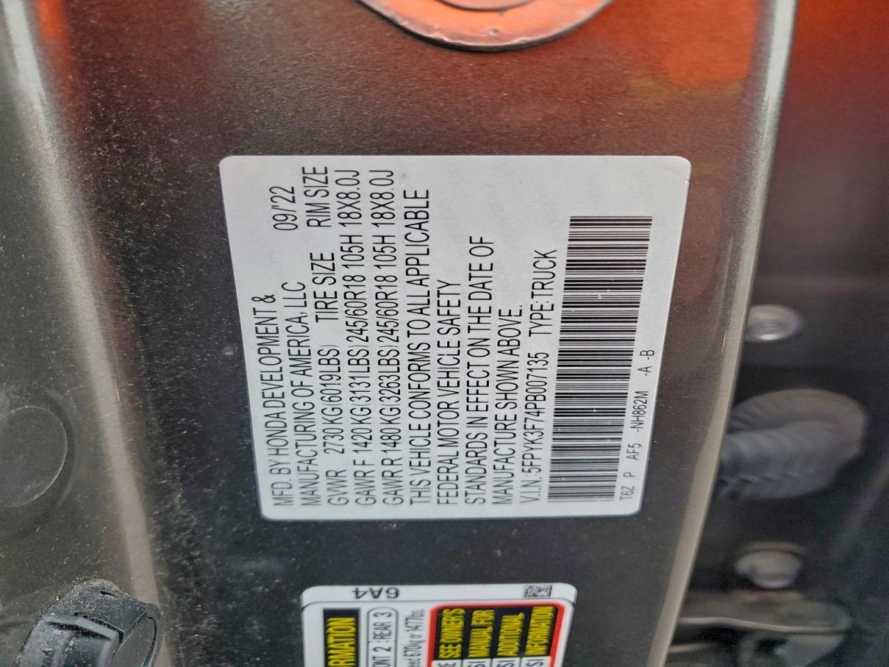 2023 Honda Ridgeline Rtl-E VIN: 5FPYK3F74PB007135 Lot: 93769865