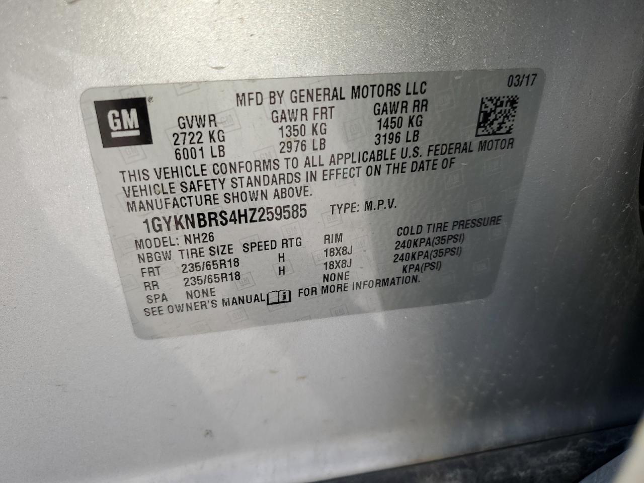 2017 Cadillac Xt5 Luxury VIN: 1GYKNBRS4HZ259585 Lot: 91290615