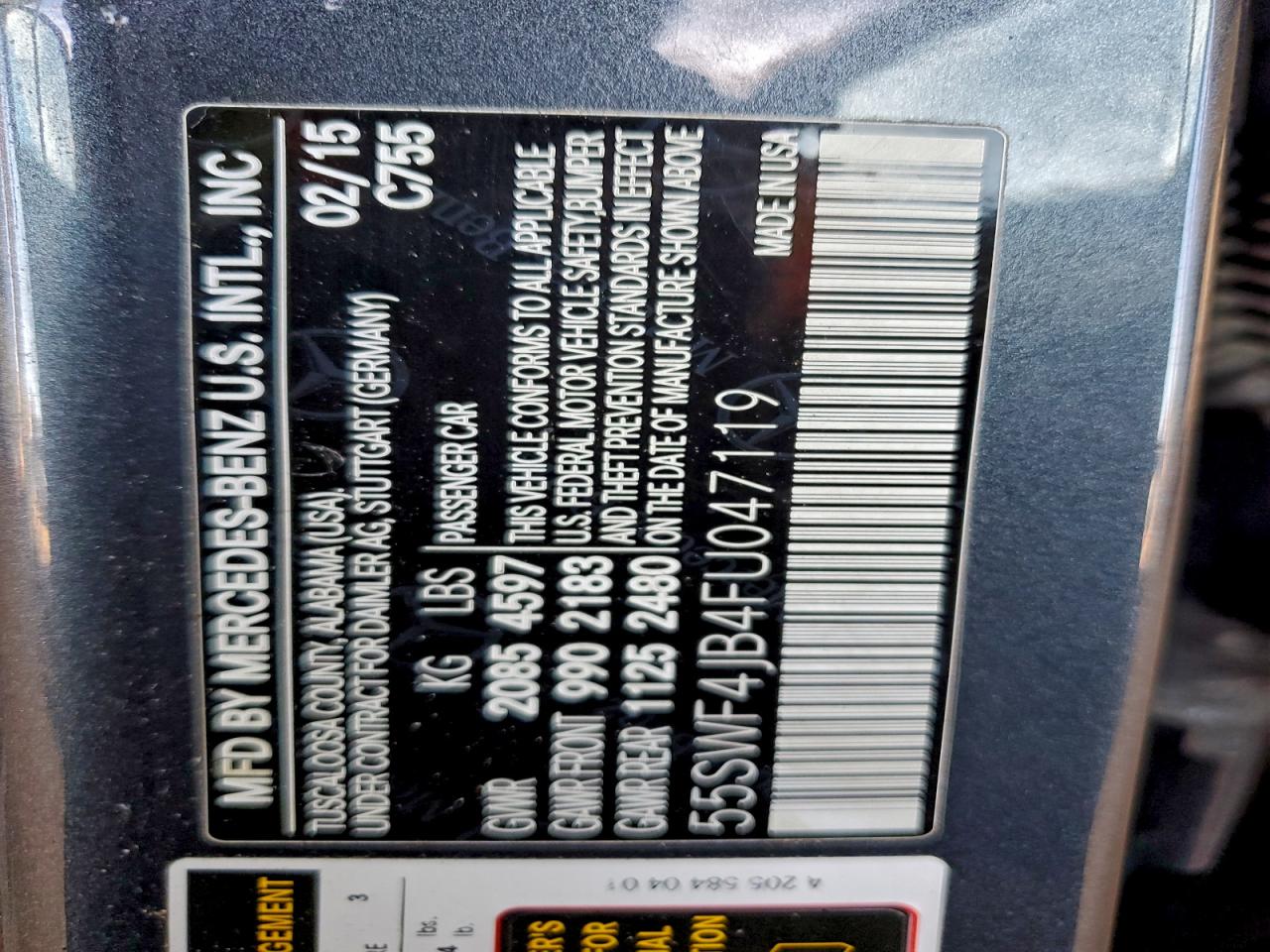 2015 Mercedes-Benz C 300 VIN: 55SWF4JB4FU047119 Lot: 94577135