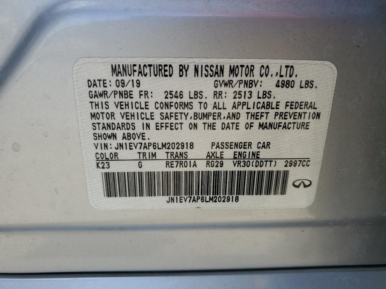 2020 Infiniti Q50 Pure VIN: JN1EV7AP6LM202918 Lot: 91509415