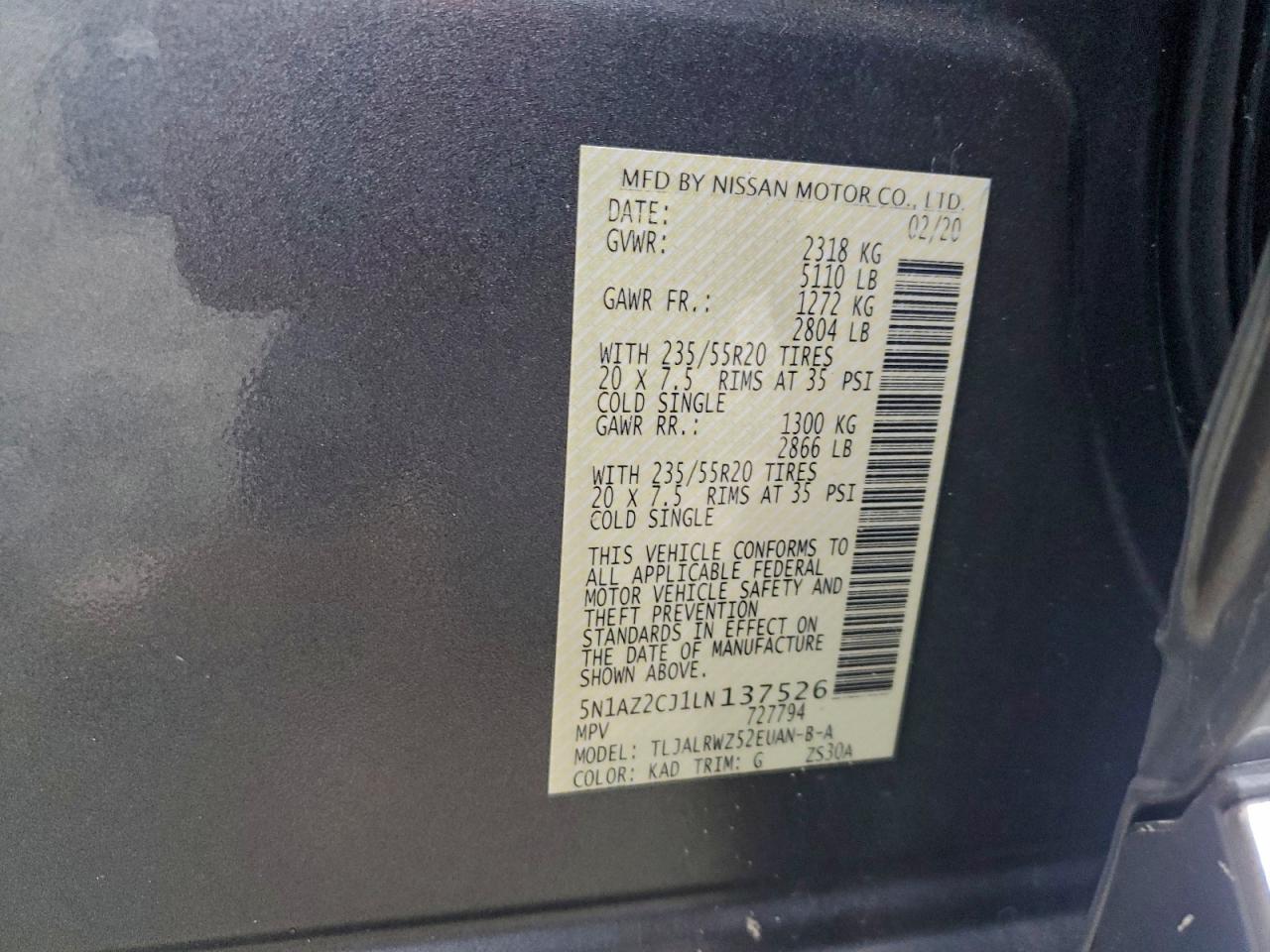 2020 Nissan Murano Sl VIN: 5N1AZ2CJ1LN137526 Lot: 93924185