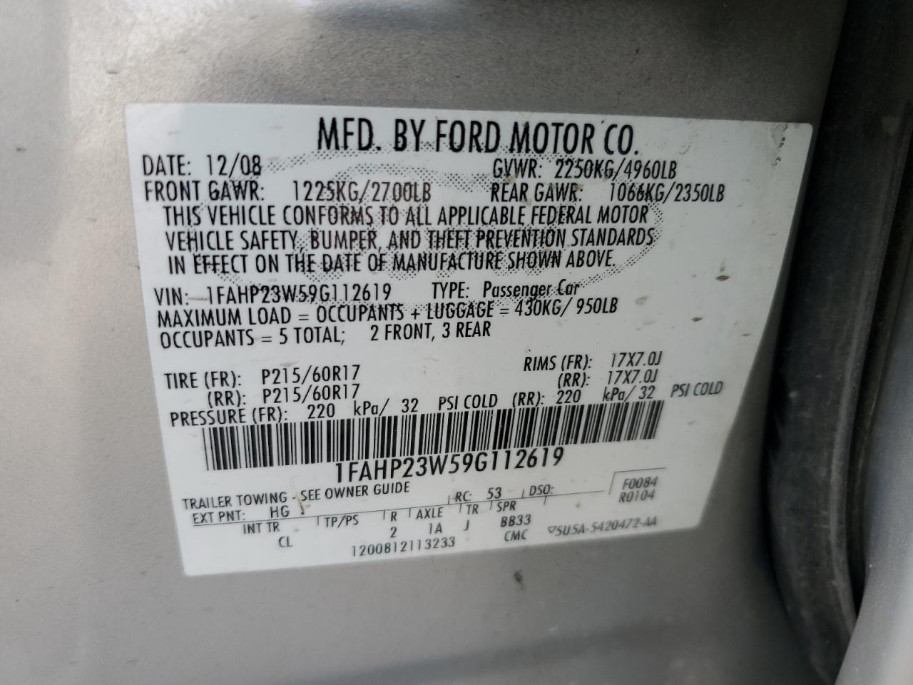 2009 Ford Taurus Se VIN: 1FAHP23W59G112619 Lot: 92191625