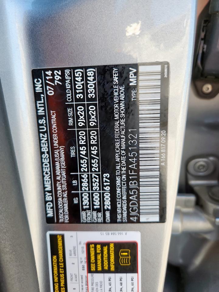 2015 Mercedes-Benz Ml 350 VIN: 4JGDA5JB1FA451321 Lot: 91905015