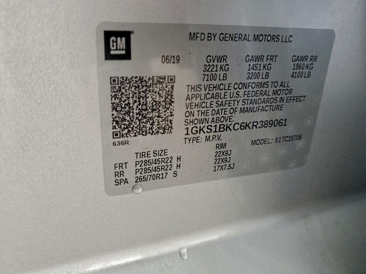 2019 GMC Yukon Slt VIN: 1GKS1BKC6KR389061 Lot: 94081615