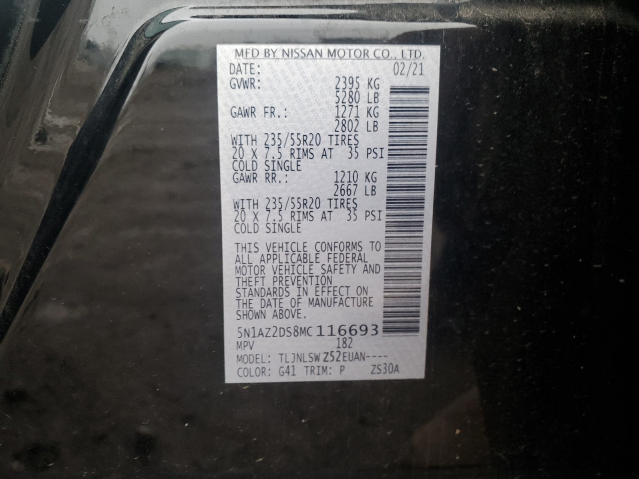 2021 Nissan Murano Platinum VIN: 5N1AZ2DS8MC116693 Lot: 93810175