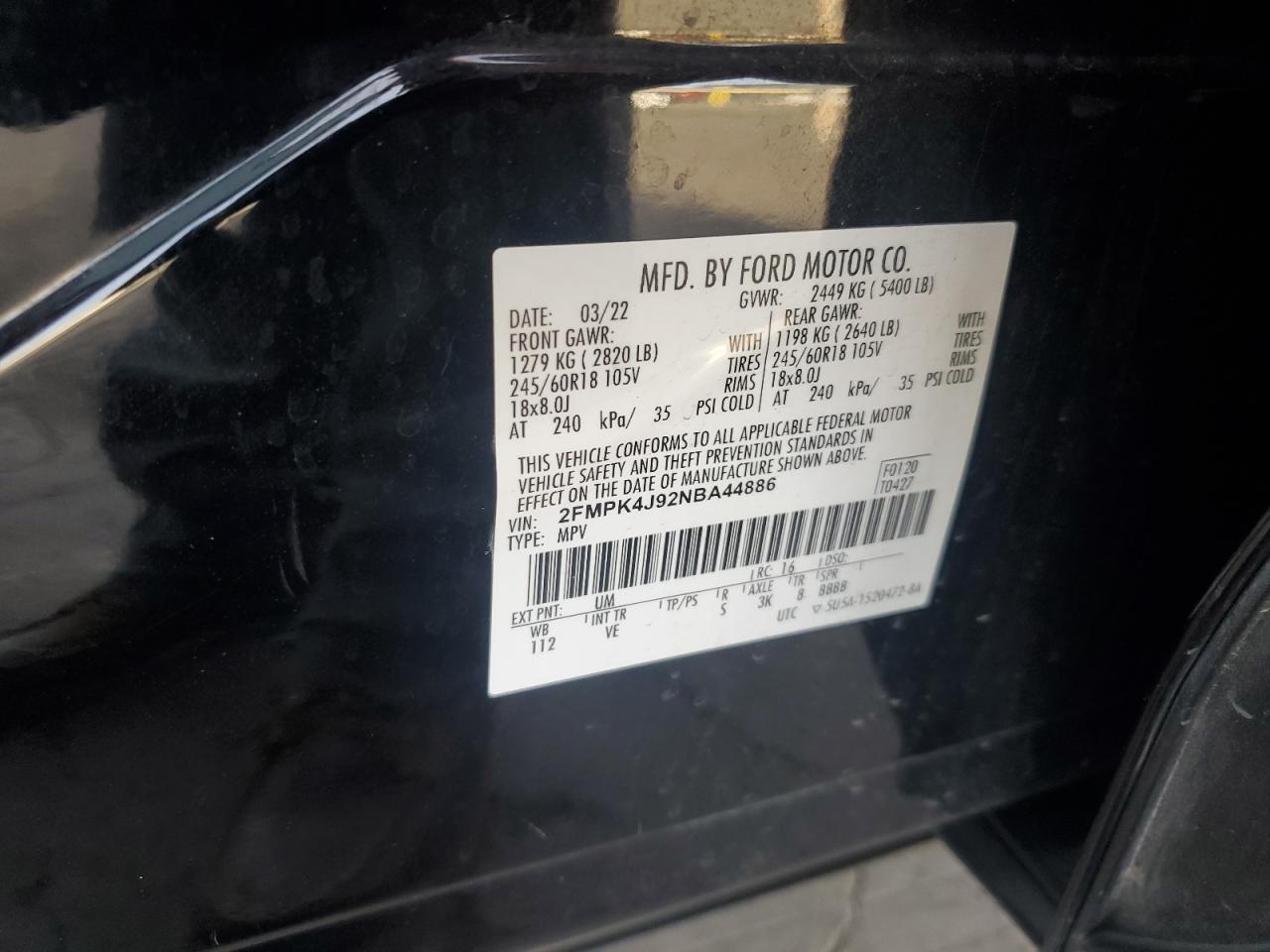 2022 Ford Edge Sel VIN: 2FMPK4J92NBA44886 Lot: 89503735