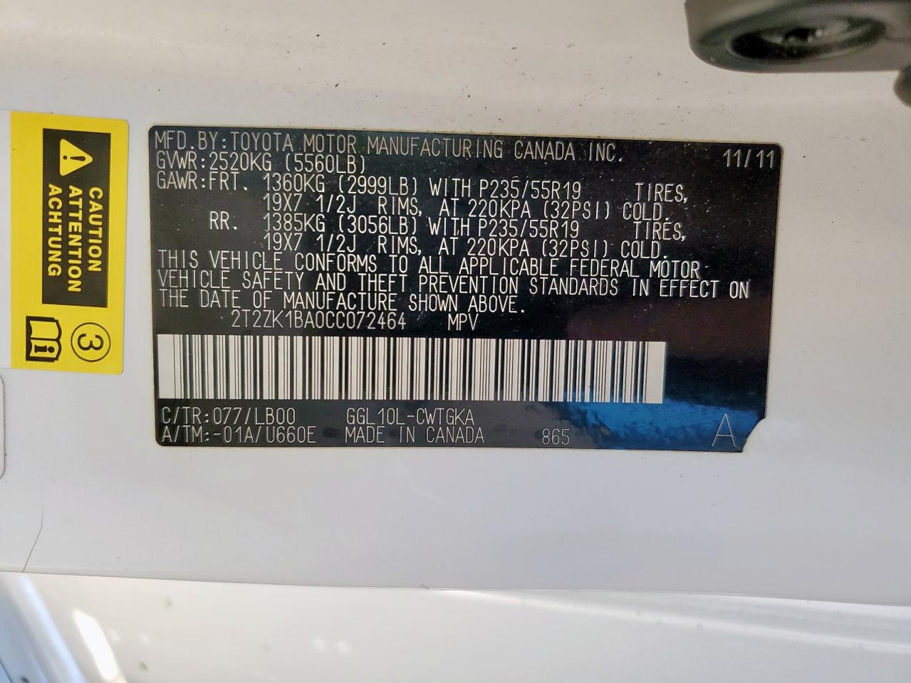 2012 Lexus Rx 350 VIN: 2T2ZK1BA0CC072464 Lot: 91381645