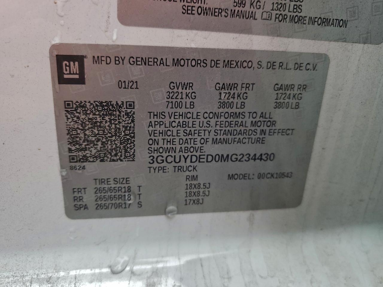 2021 Chevrolet Silverado K1500 Lt VIN: 3GCUYDED0MG234430 Lot: 93948155