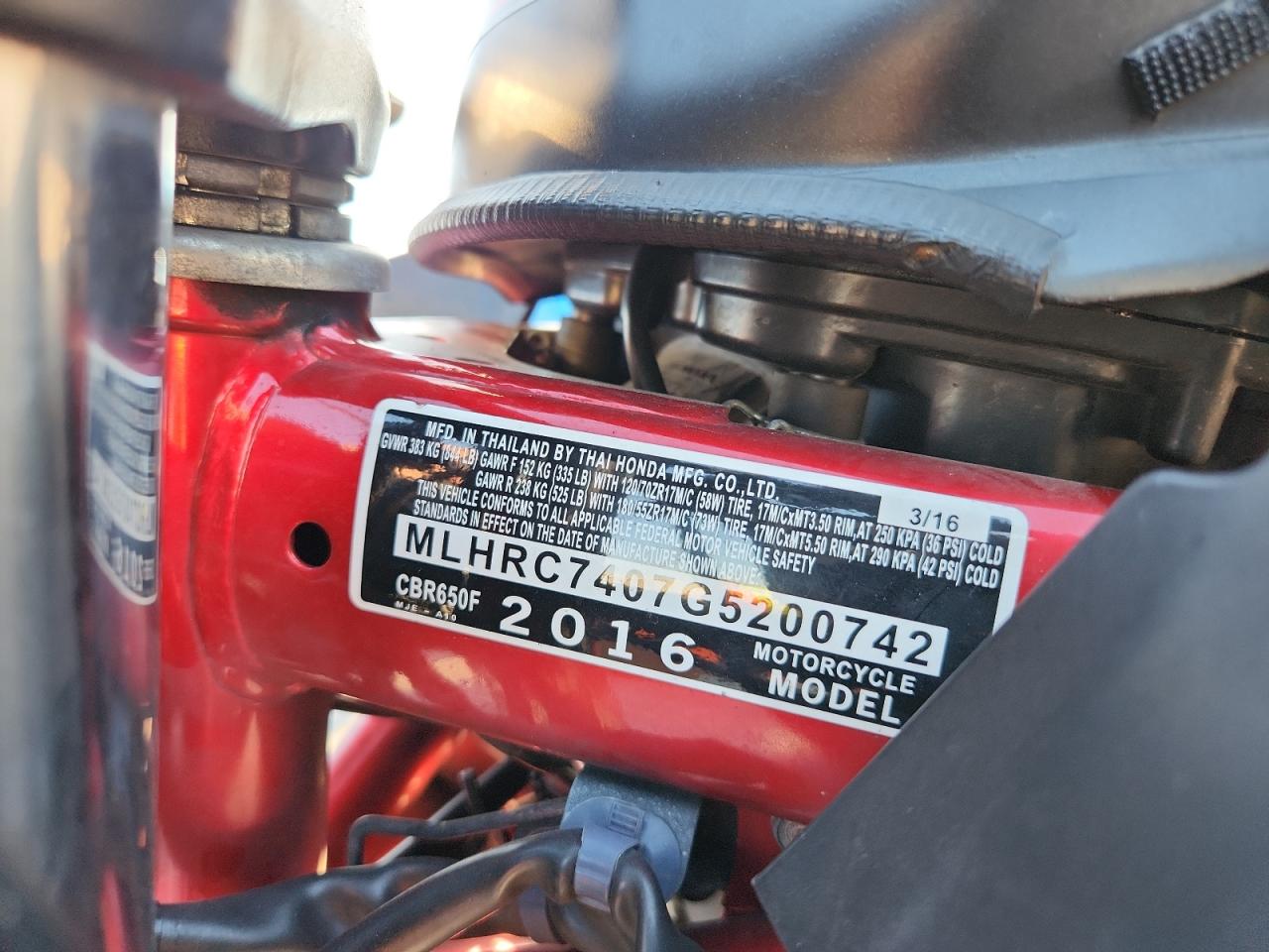 2016 Honda Cbr650 F VIN: MLHRC7407G5200742 Lot: 93315265