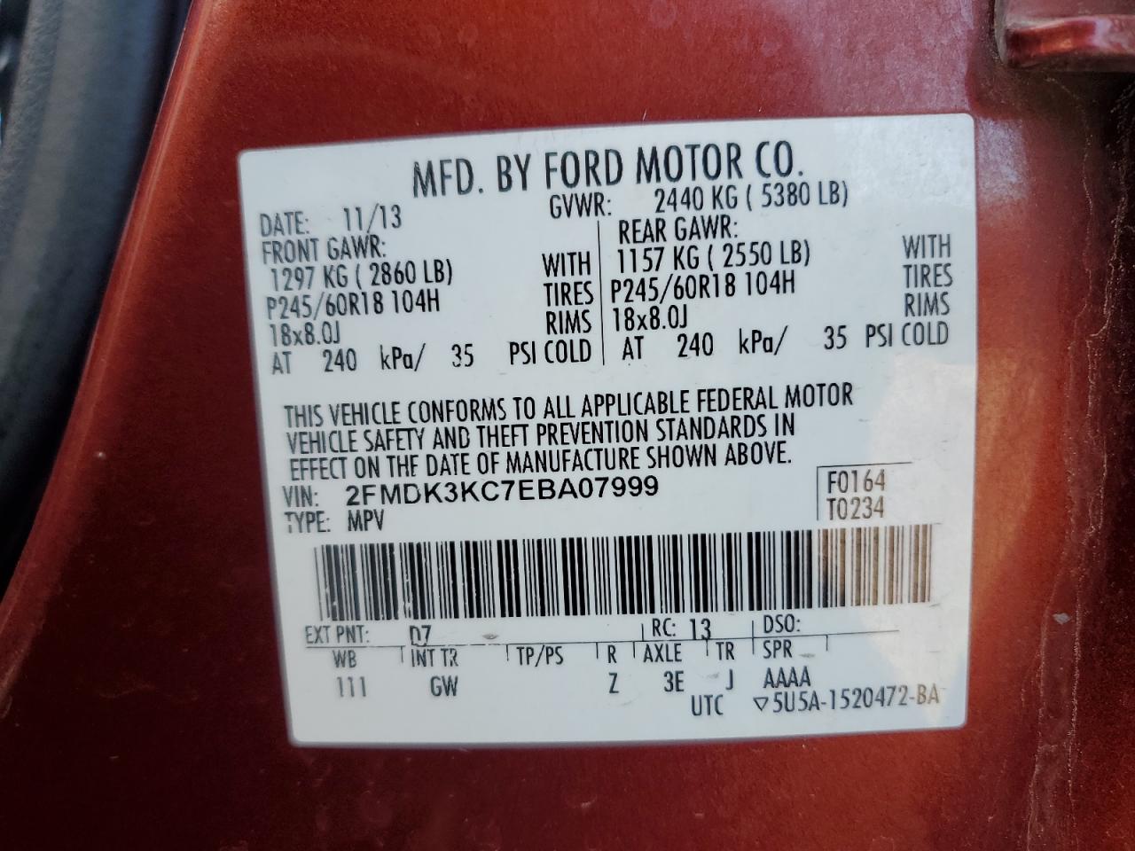 2014 Ford Edge Limited VIN: 2FMDK3KC7EBA07999 Lot: 93495775