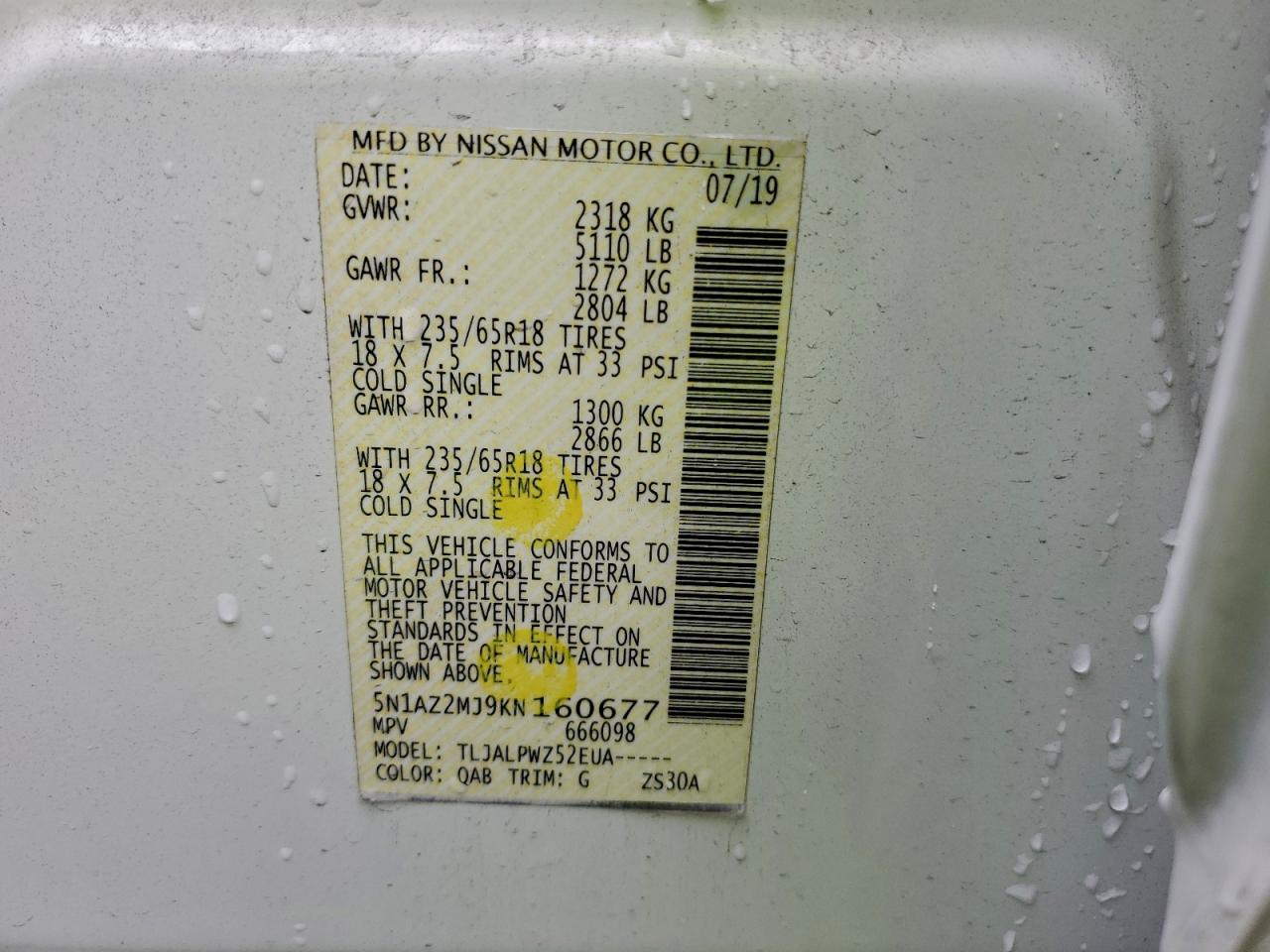 2019 Nissan Murano S VIN: 5N1AZ2MJ9KN160677 Lot: 93913385