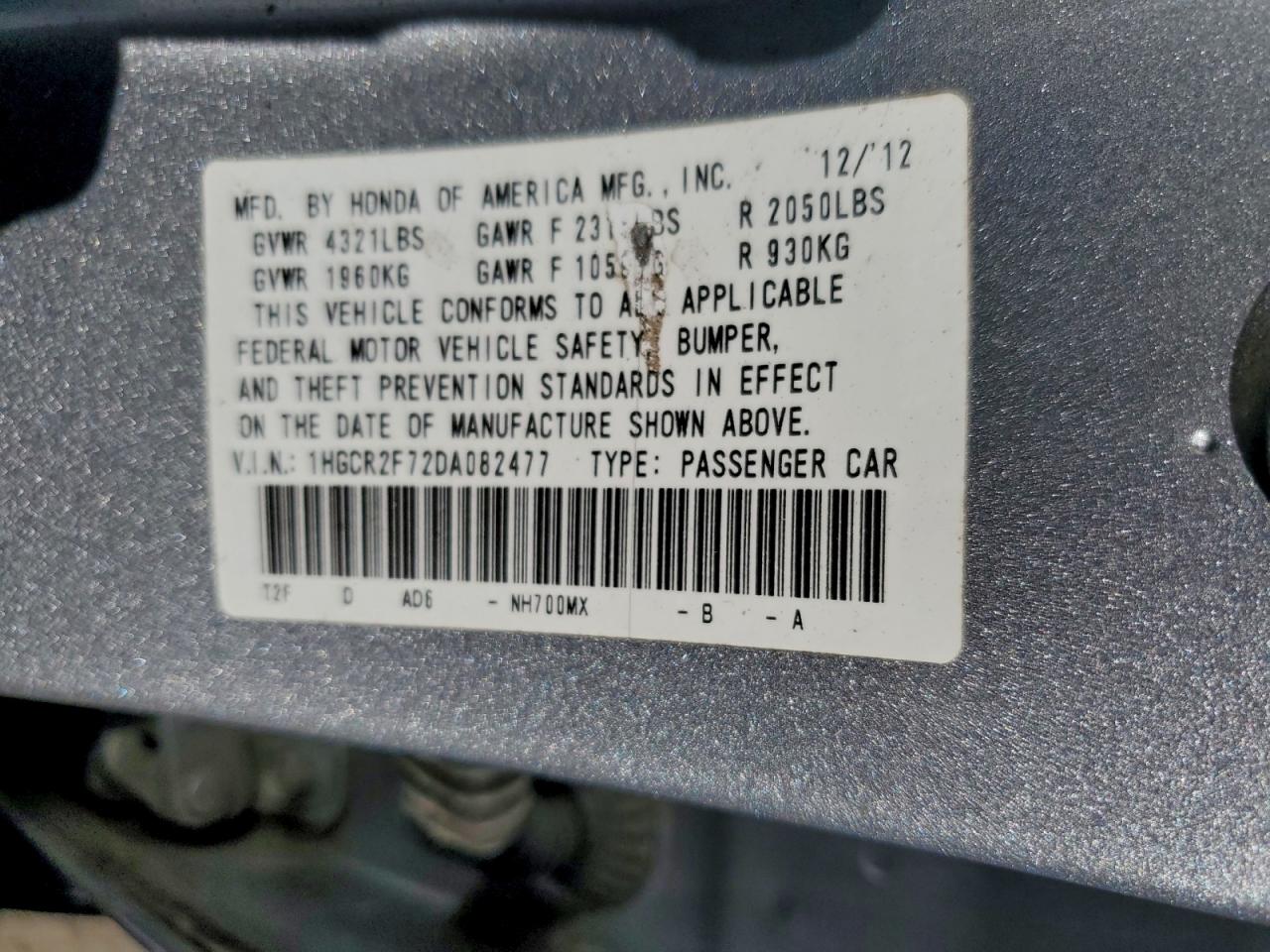 2013 Honda Accord Ex VIN: 1HGCR2F72DA082477 Lot: 93763355