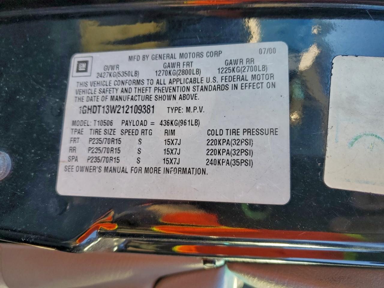 2001 Oldsmobile Bravada VIN: 1GHDT13W212109381 Lot: 94137885