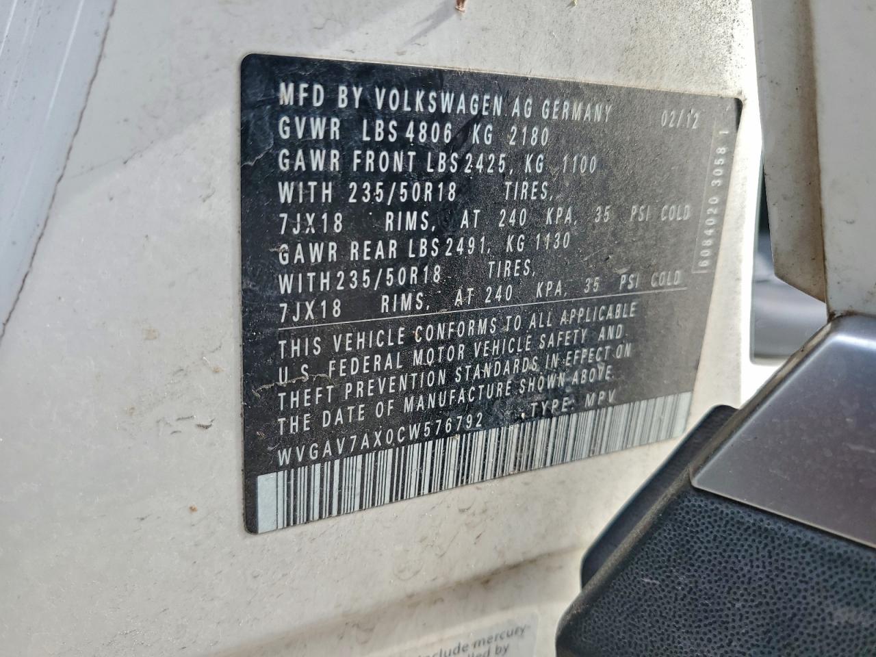 2012 Volkswagen Tiguan S VIN: WVGAV7AX0CW576792 Lot: 94468465