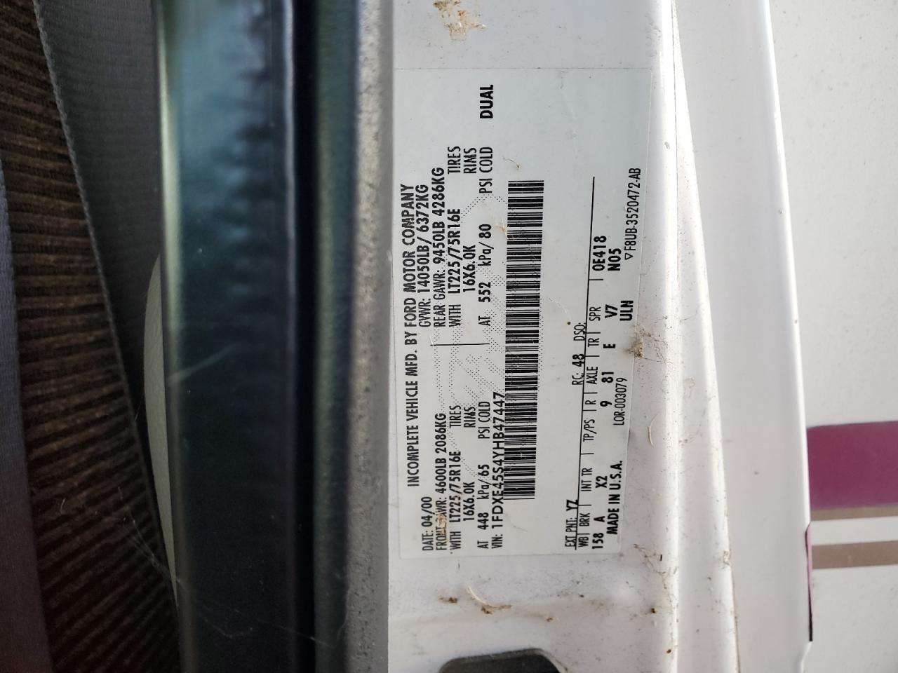 2000 Ford Econoline E450 Super Duty Cutaway Van VIN: 1FDXE45S4YHB47447 Lot: 91281465