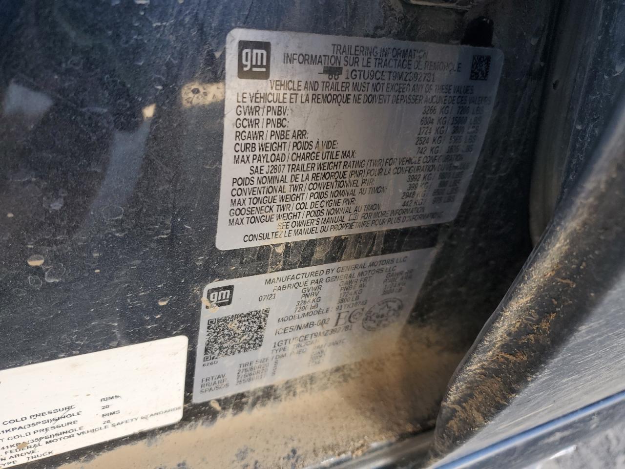 2021 GMC Sierra K1500 Elevation VIN: 1GTU9CET9MZ392781 Lot: 93282115