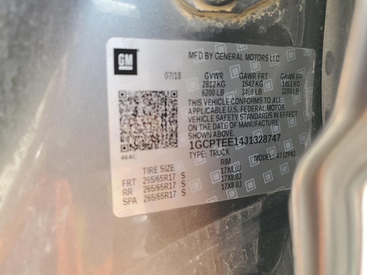 2018 Chevrolet Colorado Zr2 VIN: 1GCPTEE14J1328747 Lot: 90512325