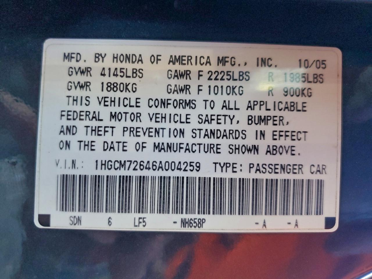 2006 Honda Accord Ex VIN: 1HGCM72646A004259 Lot: 93835725