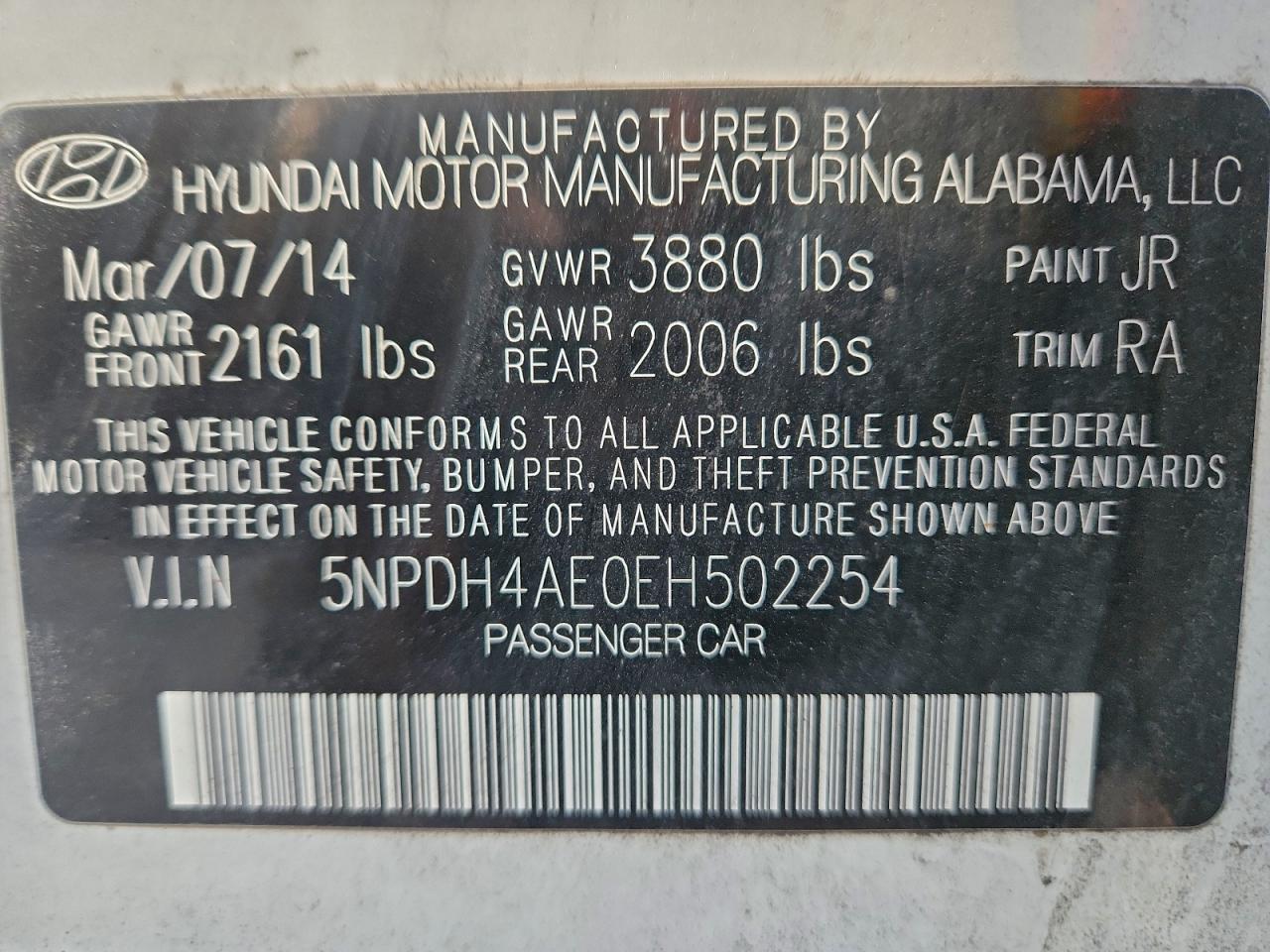 2014 Hyundai Elantra Se VIN: 5NPDH4AE0EH502254 Lot: 94303865