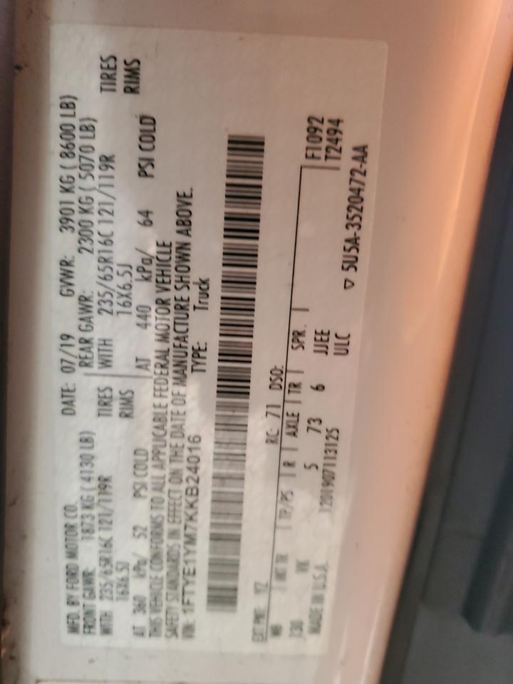 2019 Ford Transit T-150 Delivery Van VIN: 1FTYE1YM7KKB24016 Lot: 92485235