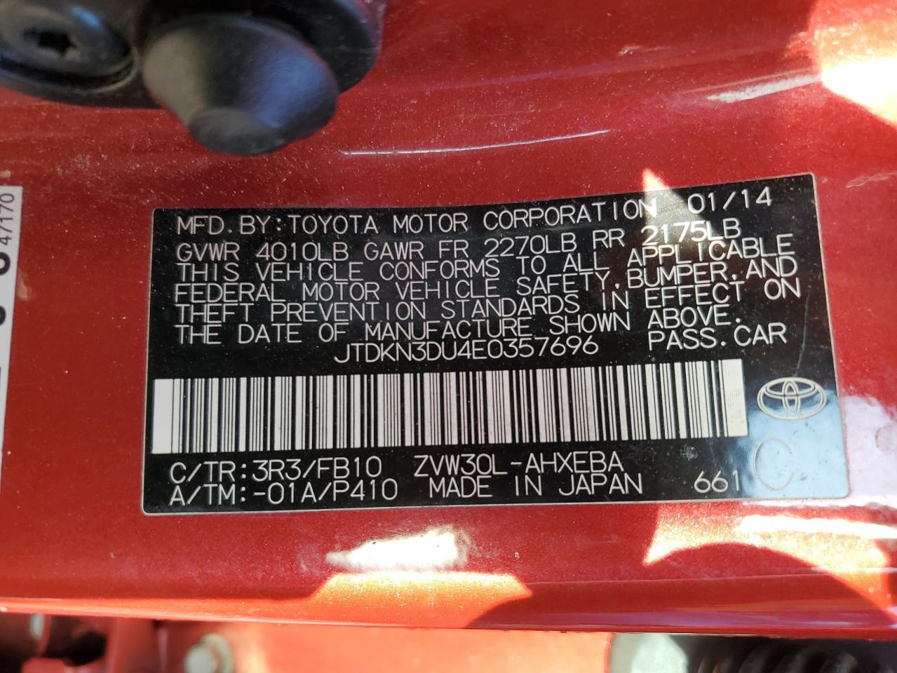 2014 Toyota Prius VIN: JTDKN3DU4E0357696 Lot: 86268925