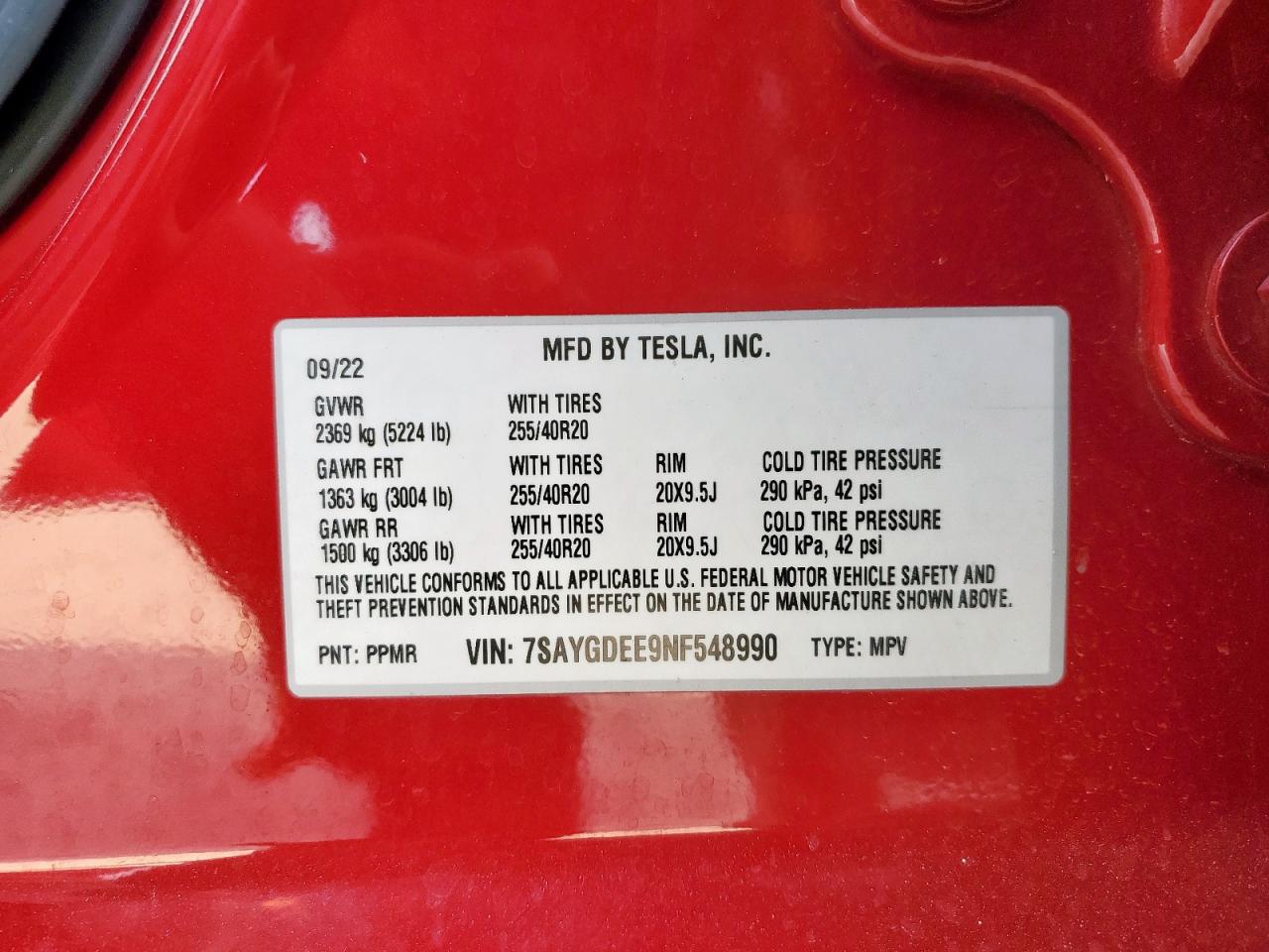 2022 Tesla Model Y VIN: 7SAYGDEE9NF548990 Lot: 93499255