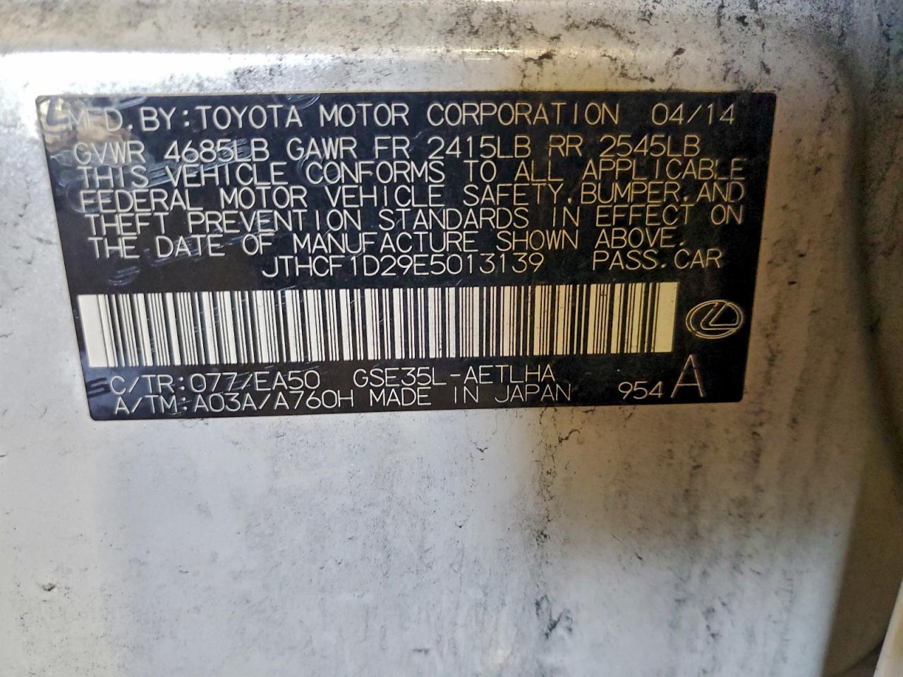 2014 Lexus Is 250 VIN: JTHCF1D29E5013139 Lot: 94247485