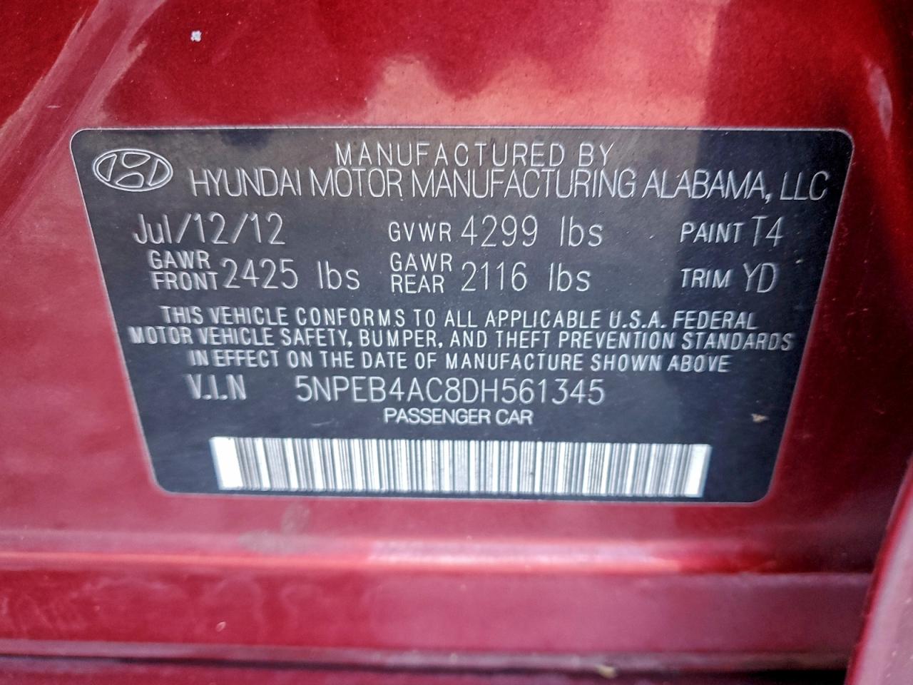 2013 Hyundai Sonata Gls VIN: 5NPEB4AC8DH561345 Lot: 94447345