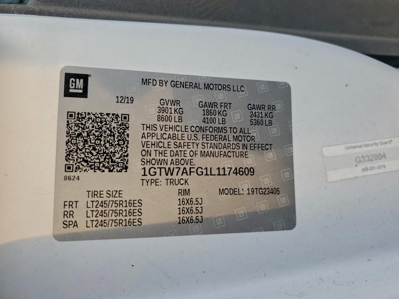 2020 GMC Savana G2500 VIN: 1GTW7AFG1L1174609 Lot: 93003955