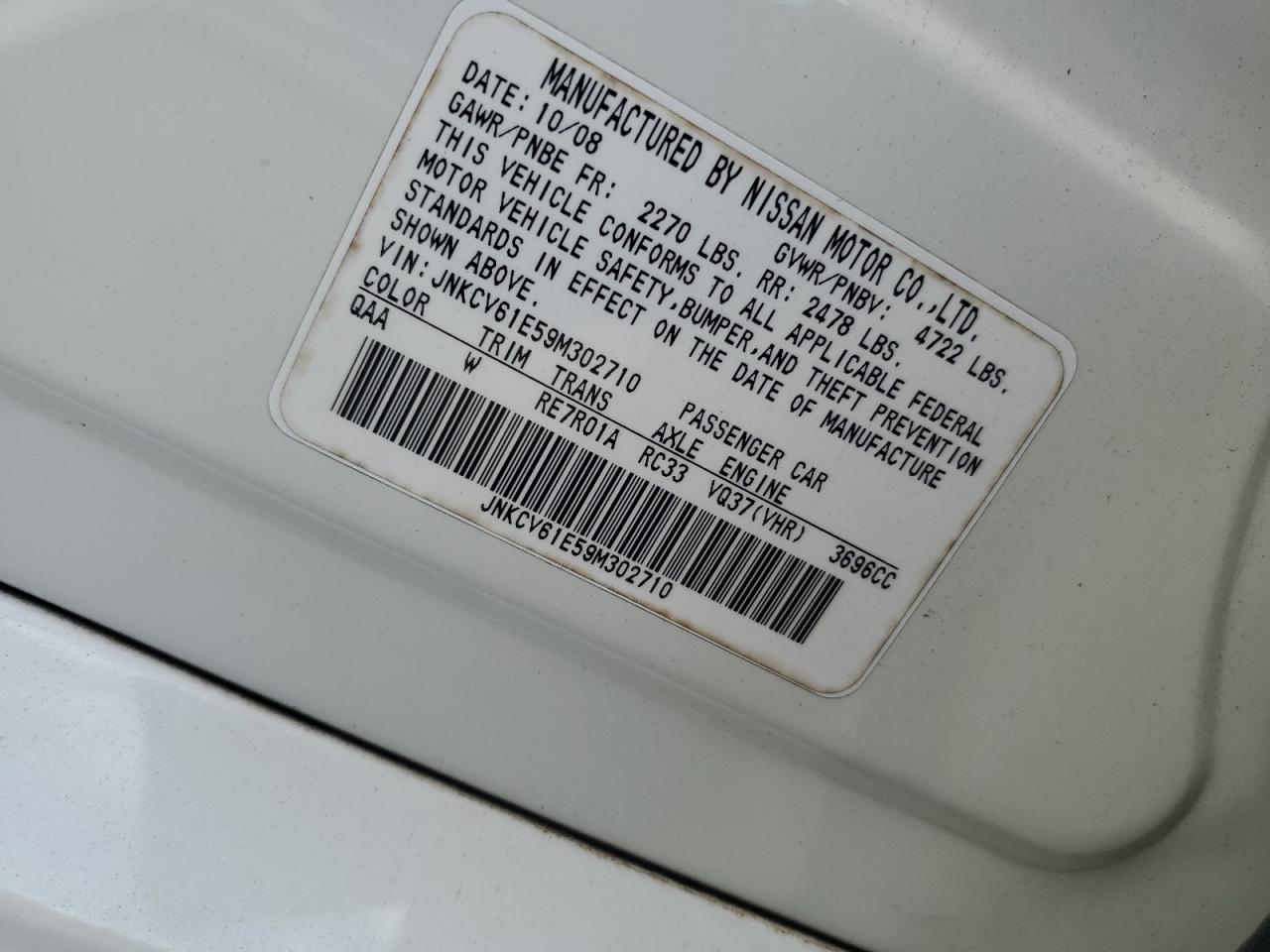 2009 Infiniti G37 Base VIN: JNKCV61E59M302710 Lot: 93296945