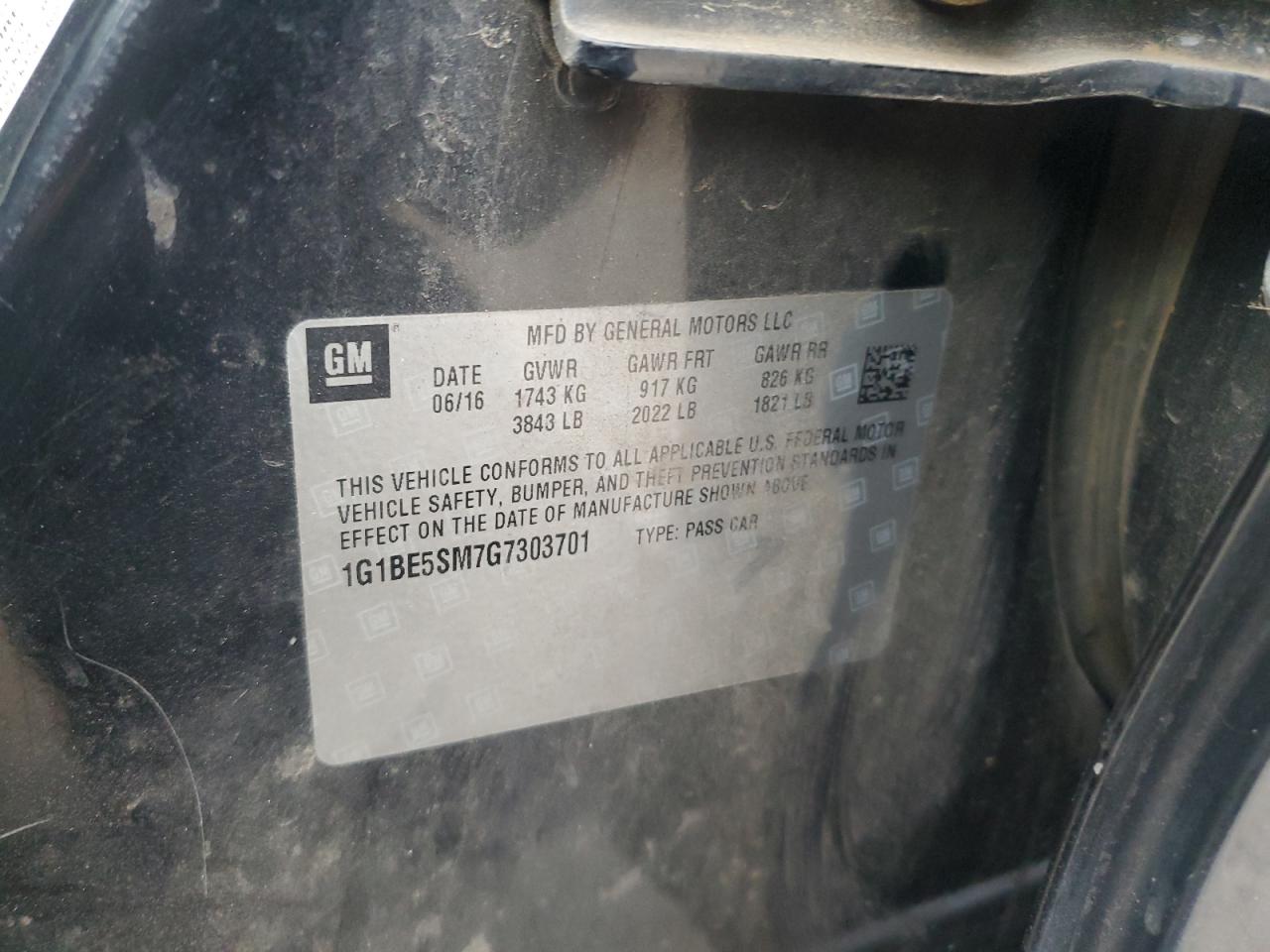2016 Chevrolet Cruze Lt VIN: 1G1BE5SM7G7303701 Lot: 93046965