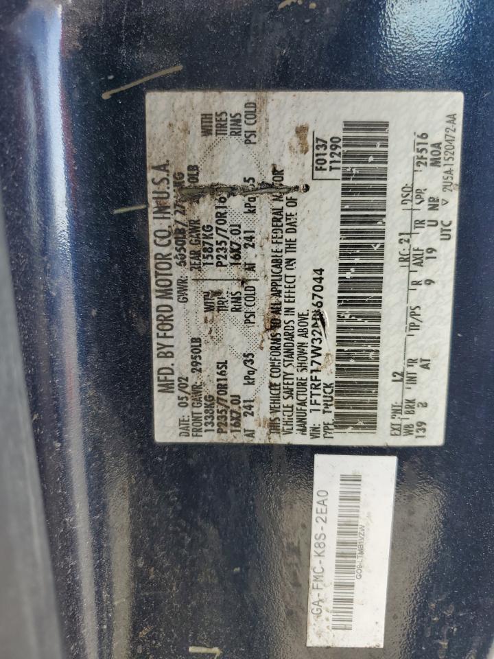 2002 Ford F150 VIN: 1FTRF17W32NB67044 Lot: 92398705