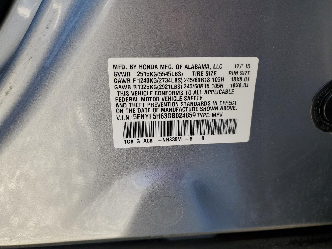 2016 Honda Pilot Exl VIN: 5FNYF5H63GB024859 Lot: 93003795