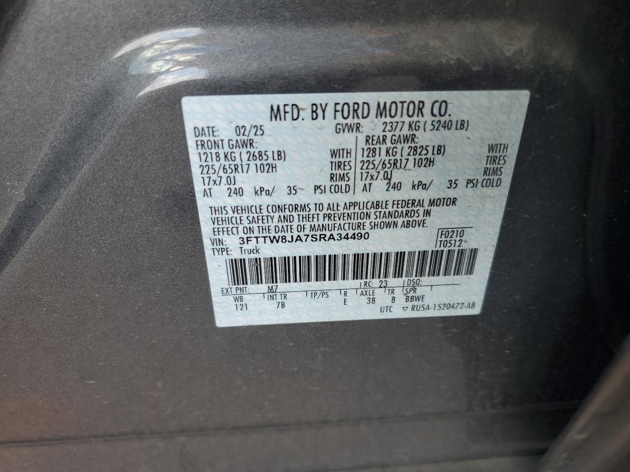 2025 Ford Maverick Xlt VIN: 3FTTW8JA7SRA34490 Lot: 92940135