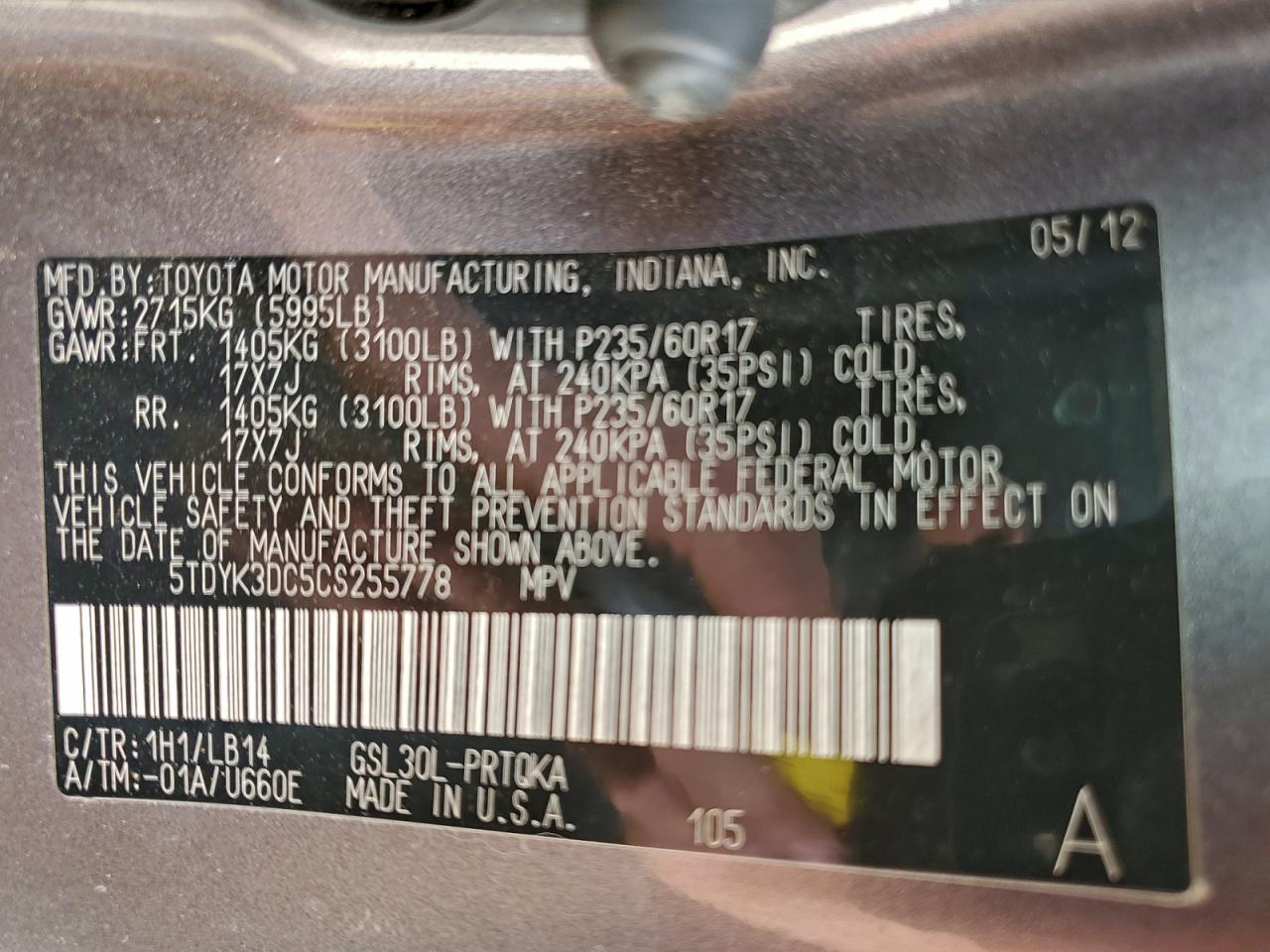 2012 Toyota Sienna Xle VIN: 5TDYK3DC5CS255778 Lot: 94214015