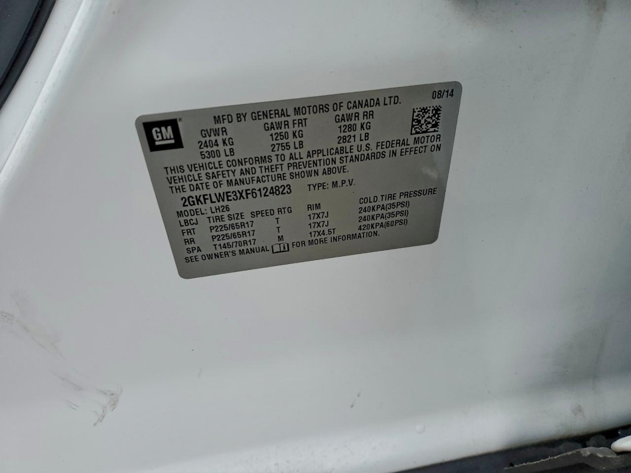 2015 GMC Terrain Sle VIN: 2GKFLWE3XF6124823 Lot: 94392705