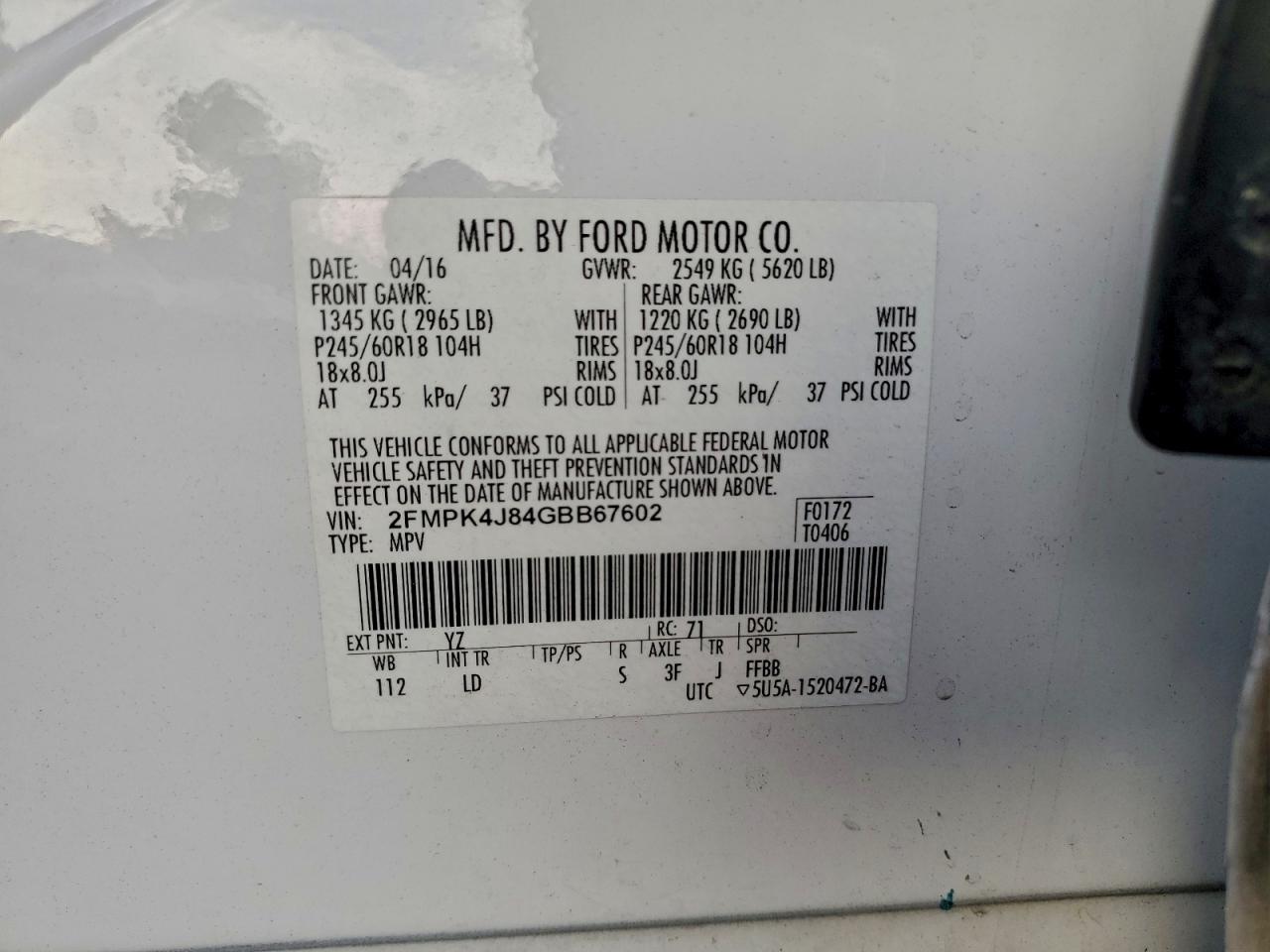 2016 Ford Edge Sel VIN: 2FMPK4J84GBB67602 Lot: 93765395