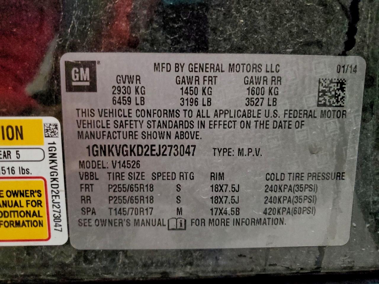 2014 Chevrolet Traverse Lt VIN: 1GNKVGKD2EJ273047 Lot: 94325935