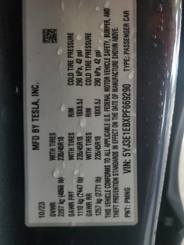 2023 Tesla Model 3 VIN: 5YJ3E1EBXPF669290 Lot: 92457205