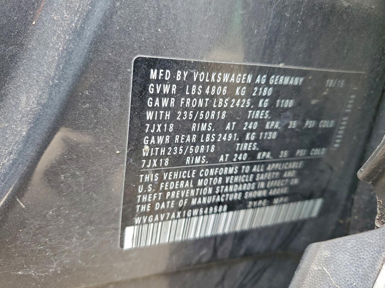 2016 Volkswagen Tiguan S VIN: WVGAV7AX1GW549588 Lot: 94668535