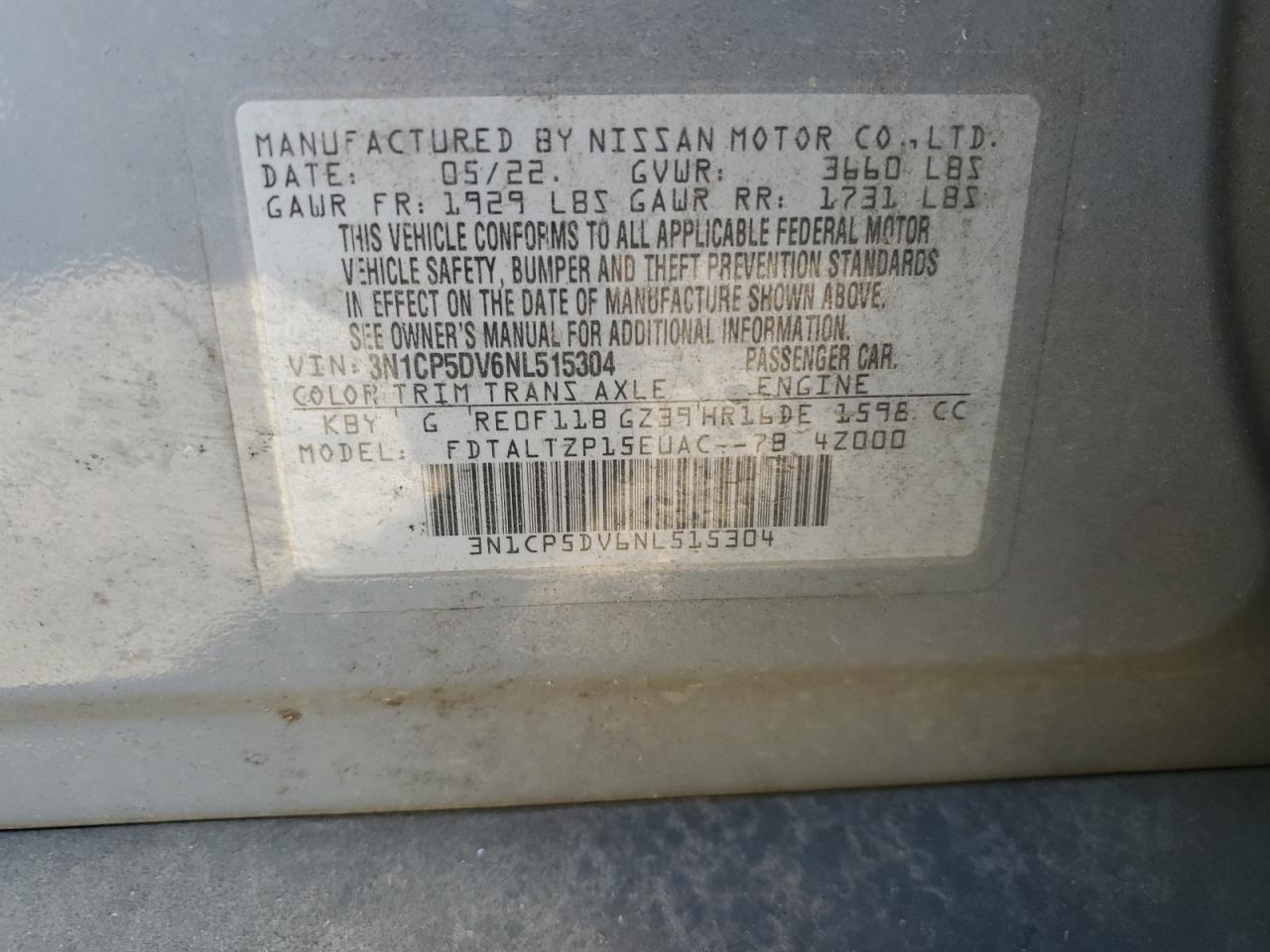 2022 Nissan Kicks Sr VIN: 3N1CP5DV6NL515304 Lot: 93572045