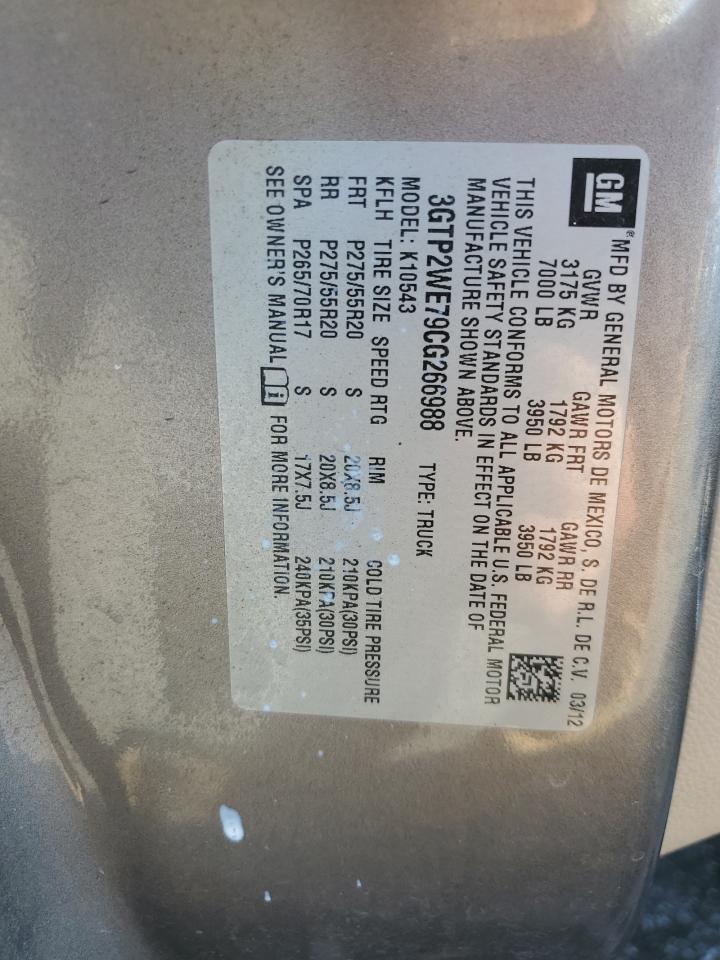 2012 GMC Sierra K1500 Slt VIN: 3GTP2WE79CG266988 Lot: 92200685