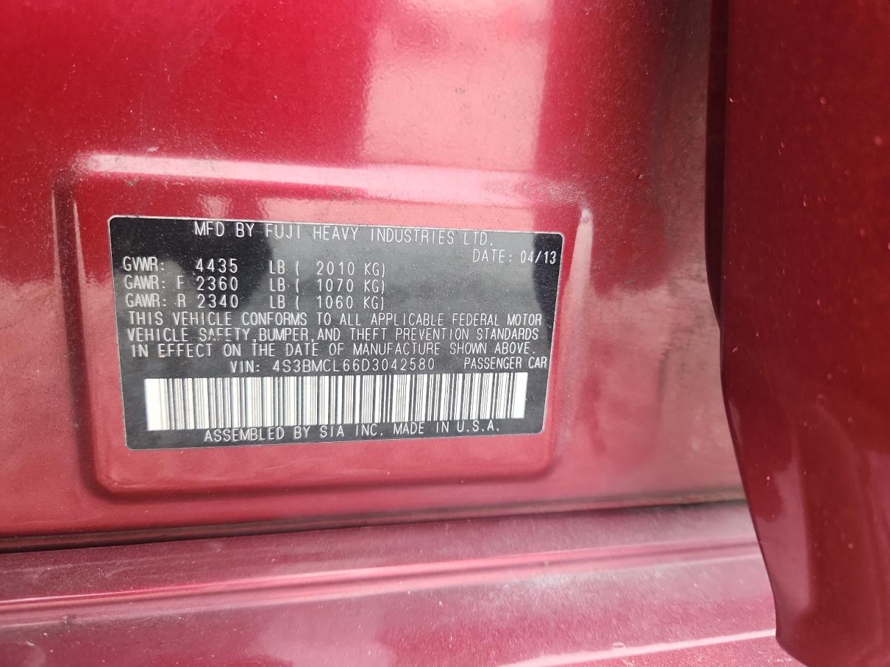 2013 Subaru Legacy 2.5I Limited VIN: 4S3BMCL66D3042580 Lot: 93124545