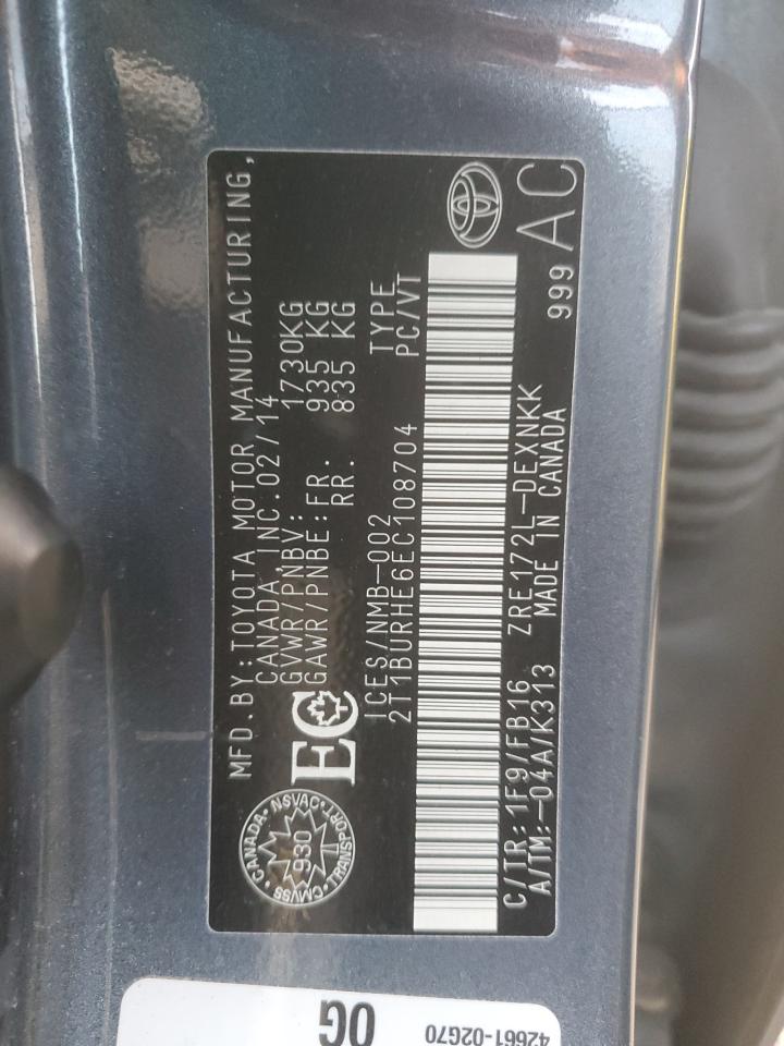 2014 Toyota Corolla L VIN: 2T1BURHE6EC108704 Lot: 90989075